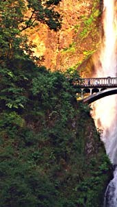 Multnomah Falls near Interstate 84 is west of the Bridge of the Gods