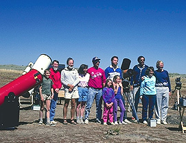 The original Star Party Stalwarts at the dry lake site near Fish Lake, 7,400 ft high on Steens Mountain, Harney County
they are left to right Russ Johnson Robert Downs Bruce Johnson Candace Pratt John Buting Steve Huss and 
two daughters John Angell Judy and Chuck Dethloff Candace's son Garett was nearby riding his bicycle