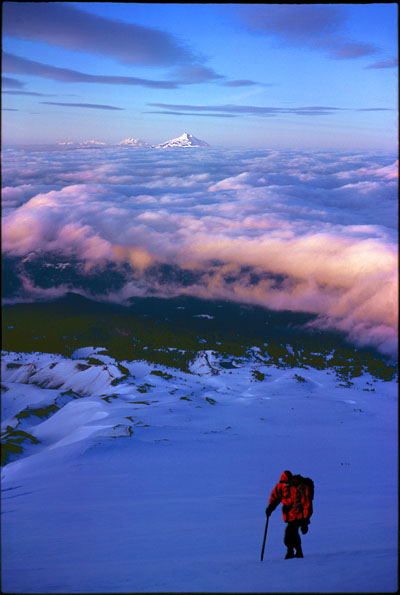 The peace and drama of the climber's high world is well-shown in this image from 8,500 ft. high on Oregon's Mt. Hood